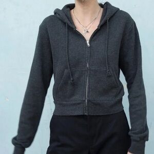 brandy melville crystal hoodie cropped dark gray wash cotton zip up jacket os